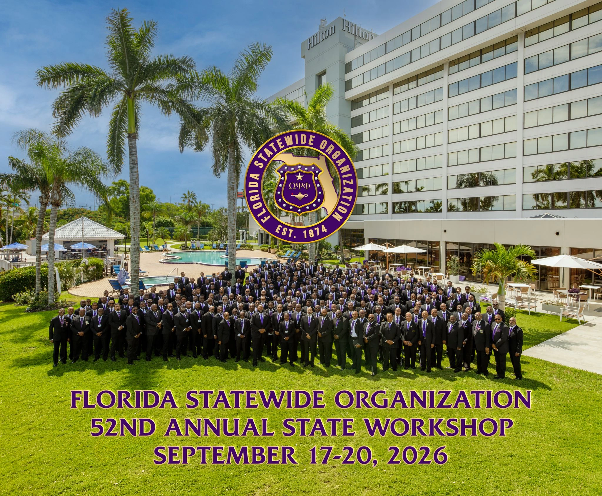 Florida Statewide Organization brothers gathered for the 2026 group portrait outside the Hilton in West Palm Beach