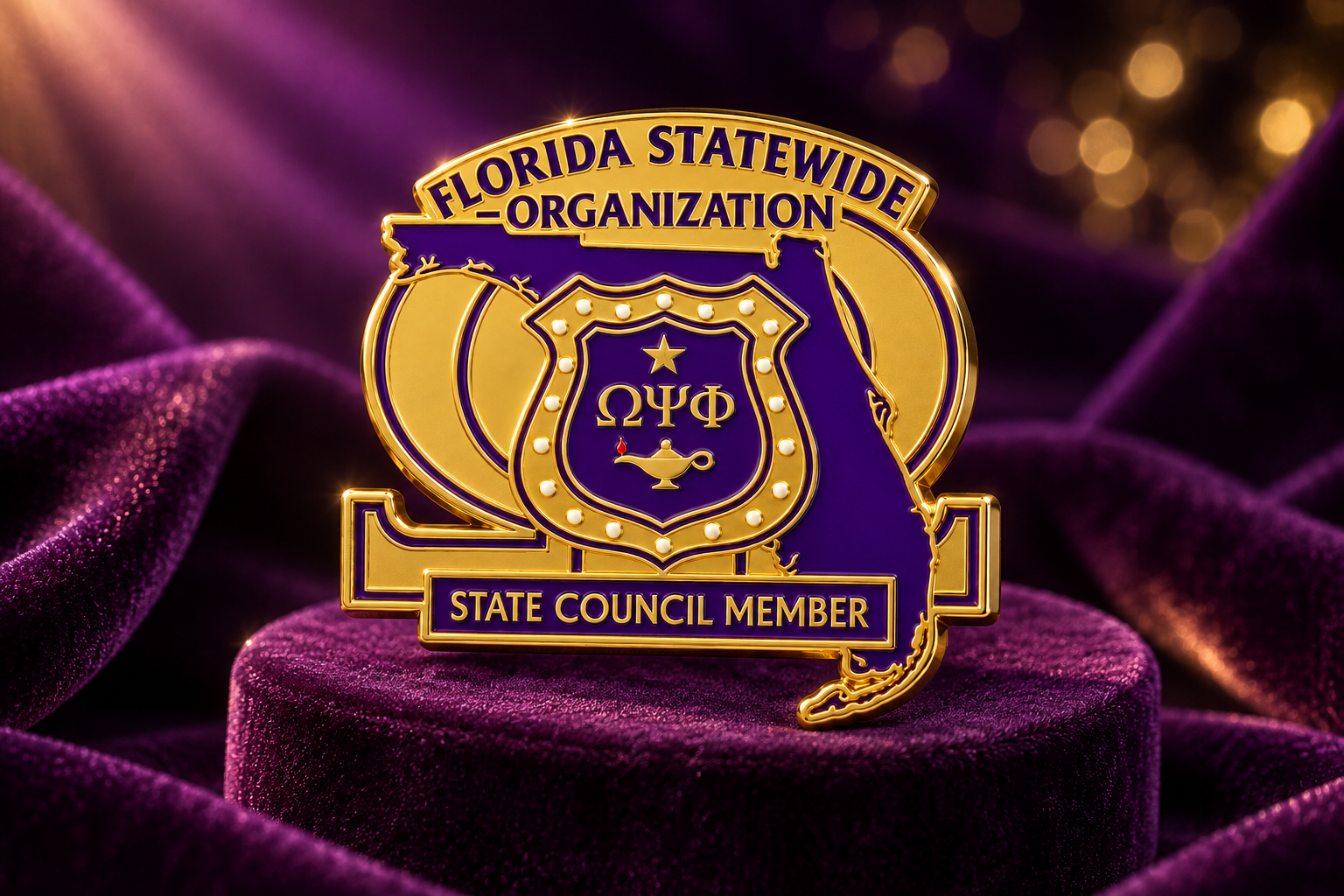 Gold and purple State Council Member lapel pin displayed on purple velvet with warm gold lighting, generated preview