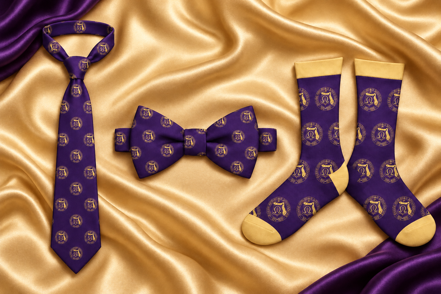 Purple-and-gold necktie, bow tie, and socks arranged on champagne-gold satin